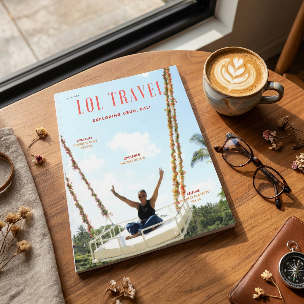 LOL Travel Magazine Vol. 001 on a wooden table with coffee, glasses and a compass