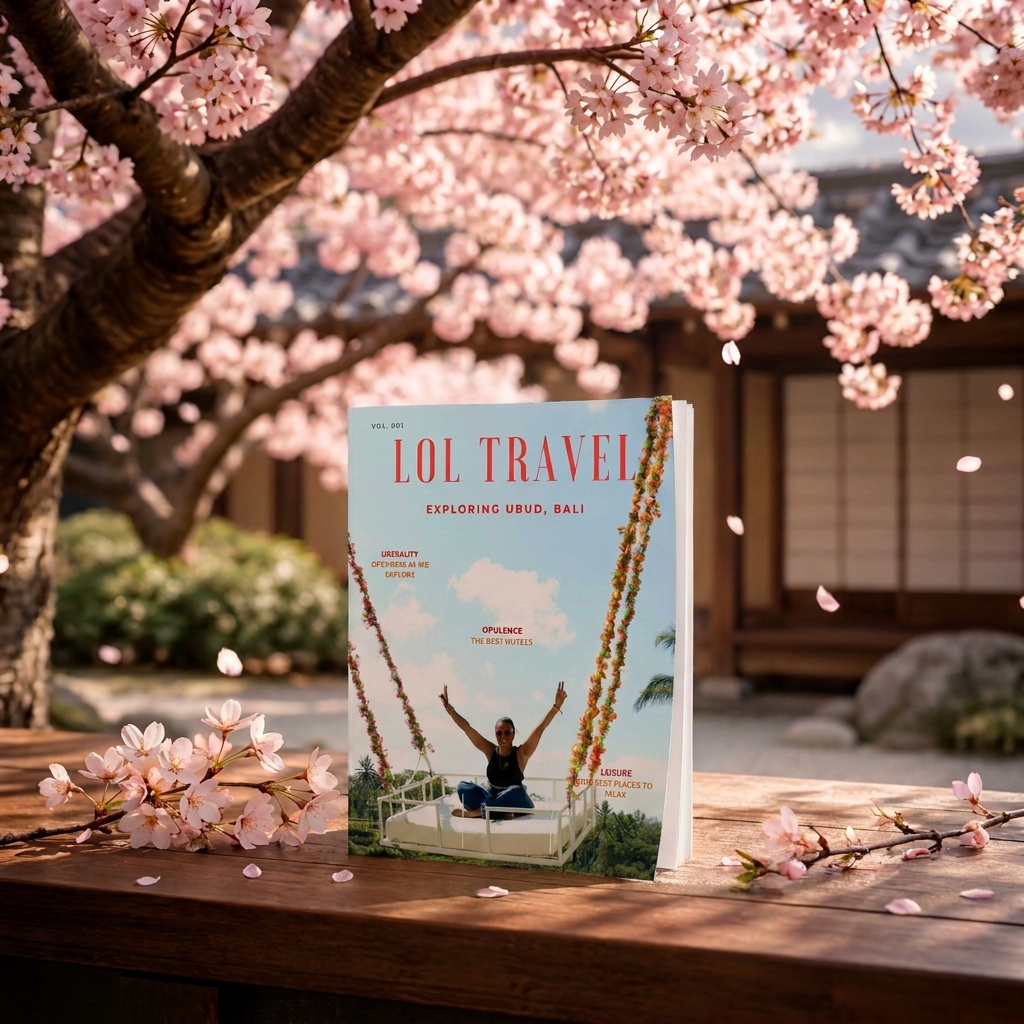 LOL Travel Magazine standing on a wooden table beneath cherry blossom